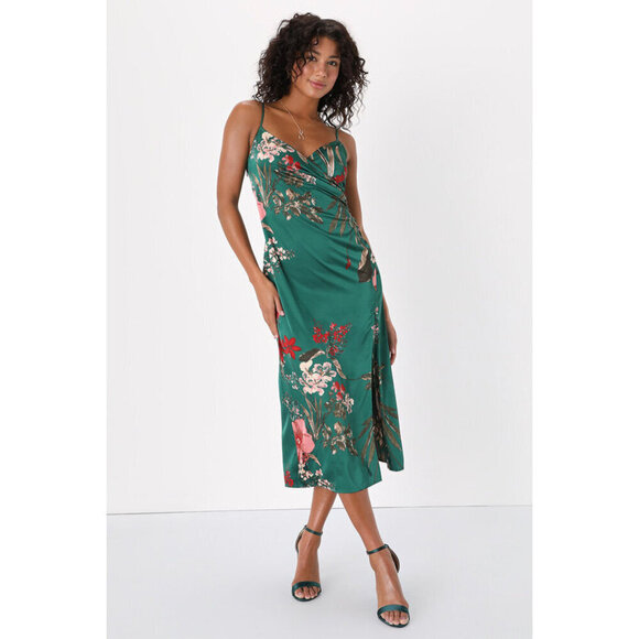 Lulus Emerald Green Floral Print Satin Midi Dress - Size XL - Picture 1 of 4